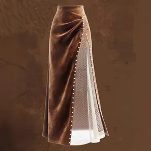 Jupe Longue Rétro Western Femme Épissage en Maille Perlée Taille Haute Ligne A en Polyester Velours Marron Streetwear