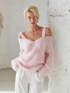 Jersey rosa de punto mohair con cuello en V y hombros descubiertos estilo relajado