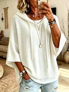 Chic white knitted hooded drawstring sweater with wide half-sleeves for a relaxed fit
