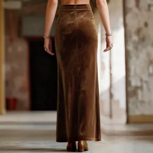 Longue jupe en velours marron à taille haute pour femme, style rétro élégant