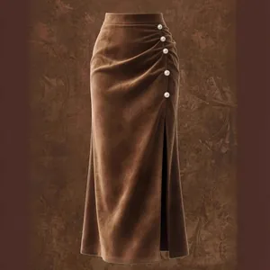 Women Retro Suede Midi Skirt High Waist Slim Bodycon Hip Skirts Decorative Pearl Buttons Side Split Temperament Pencil Skirt