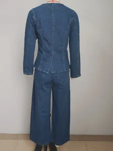 Back view of a casual two-piece washed denim set with long-sleeved jacket and wide-leg pants