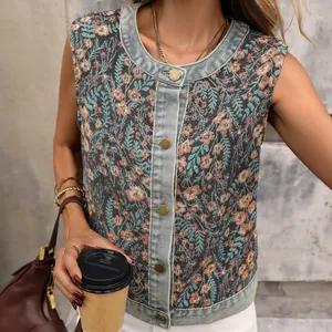 Close-up showing the intricate floral jacquard texture of this retro denim vest
