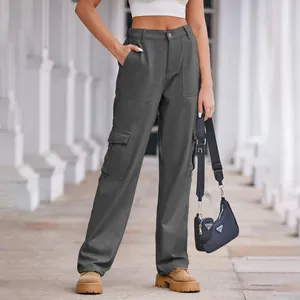 High-waist washed denim cargo pants for women in dark grey, straight-leg style.