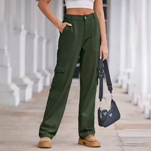 Detailed view of women's military green washed cargo pants with side pockets and high waist