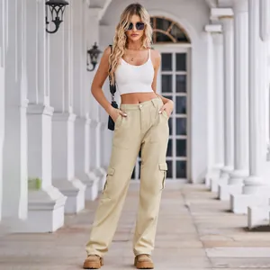 Fashionable women's khaki washed cargo pants with multiple pockets and elastic waist
