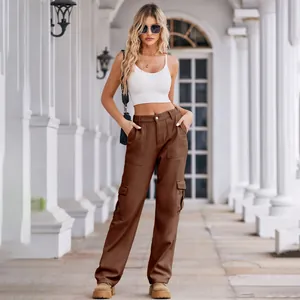Women's brown washed denim cargo pants with side pockets and a semi-elastic waistband.