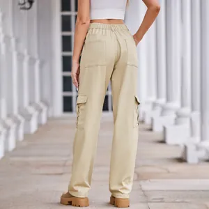 Detailed back view of women's khaki cargo pants featuring an elastic waist and pockets