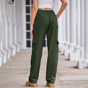 Detailed rear view of dark green cargo pants for women with pockets and elastic waist