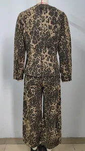 Back view of fashionable leopard print washed denim jacket and wide-leg trouser set