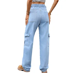 High-waisted women's light blue cargo jeans with elastic back and side pockets, back view.