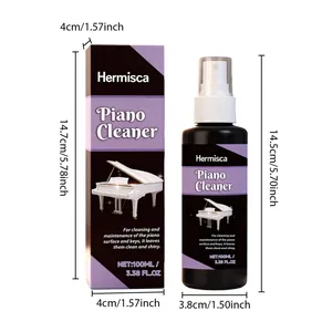 Vista detallada del spray limpiador de piano Hermisca 100ml con caja y dimensiones
