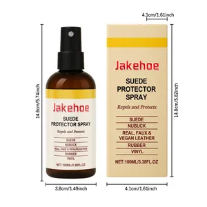 Detailed dimension specs for Jakehoe 100ml suede protector spray bottle and packaging