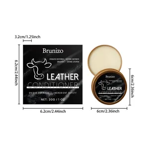 Detailed size specifications for 30g Brunizo leather conditioner and its storage box