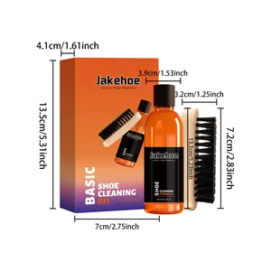 Vue détaillée complète des dimensions du kit de nettoyage chaussures 100ml et brosse.