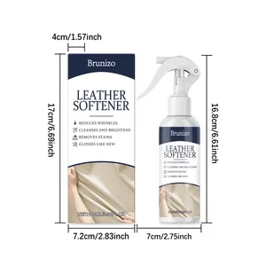 Detailed size specifications for Brunizo 100ml leather softener spray and packaging