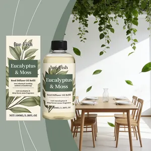 Ανταλλακτικό λάδι διαχυτή Jue Fish Eucalyptus & Moss σε φωτεινό εσωτερικό σκηνικό.