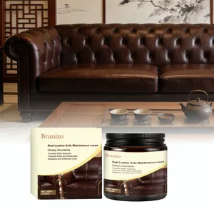 Brunizo leather maintenance cream jar and box presented in a luxury living room scene
