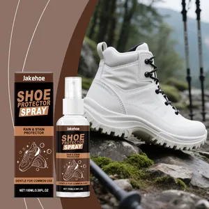 Jakehoe waterproof shoe protector spray bottle and packaging shown in outdoor hiking scenery