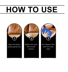 Detailed three-step instruction guide for applying leather care cream to a sofa