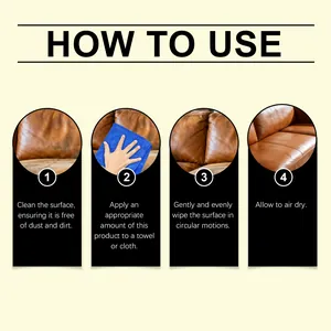 Four-step instructional guide showing how to use leather care cream on a sofa.