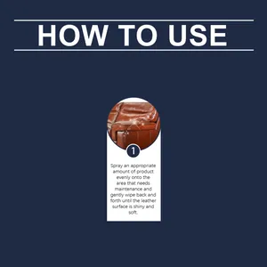 Step-by-step instructional guide for leather care spray application on a brown sofa