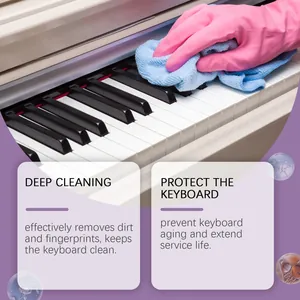 Detalle de la limpieza de las teclas de piano con un paño azul y guante rosa