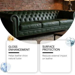Detail view of leather sofa demonstrating gloss enhancement and surface protection benefits