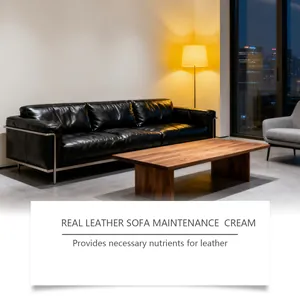 Premium real leather sofa maintenance cream shown in a luxury modern living room setting