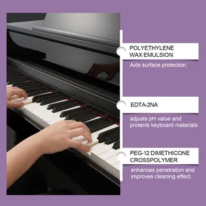 Desglose detallado de ingredientes para el spray limpiador suave de teclas de piano.
