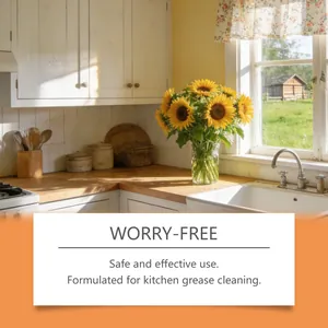 Une cuisine rustique lumineuse et propre avec des tournesols et un texte nettoyant gras