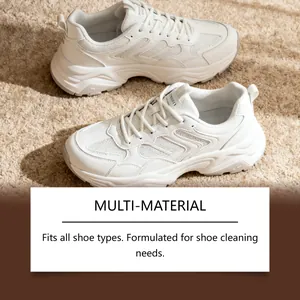 Clean white sneakers on a plush rug highlighting shoe cleaning spray effectiveness