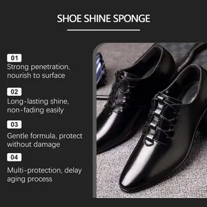 Detail showing high-gloss finish on black leather shoes using shoe shine sponge