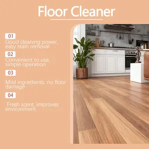Limpiador de suelos eficaz con beneficios mostrados sobre suelo de madera de cocina.