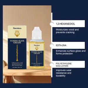 Detail view showing Harmisca tuning slide grease ingredients and benefits for woodwinds.