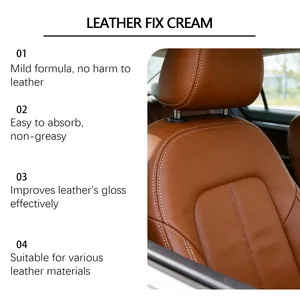 Macro detail view of a smooth brown leather car seat after applying the premium leather fix cream