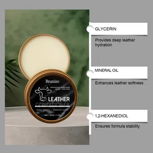 Detail showing ingredients of Brunizo leather conditioner for hydration and softness.