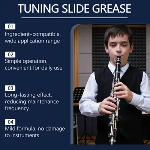 English text highlights tuning slide grease benefits next to a boy playing clarinet.