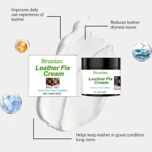 Macro detail of Brunizo Leather Fix Cream with smooth white texture and benefit icons