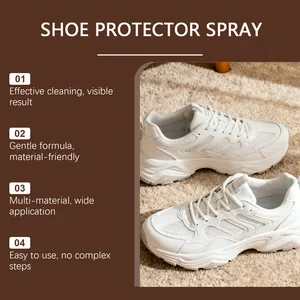 Detailed features of gentle shoe protector spray with clean white sneakers on carpet
