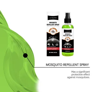 Close-up van JAYSUING muggenspray en verpakking met natuurlijke plantaardige ingrediënten.