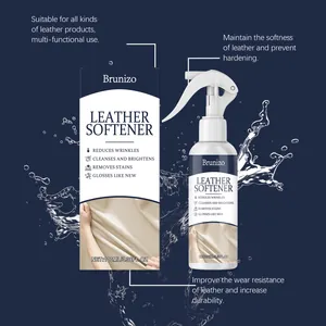 Detailed view of Brunizo 100ml leather softener bottle and box with key features