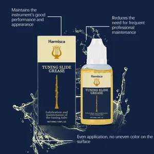 Close-up of Harmisca tuning slide grease bottle and box with splash background