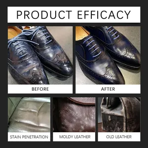 Product efficacy showing before and after cleaning of navy leather dress shoes.