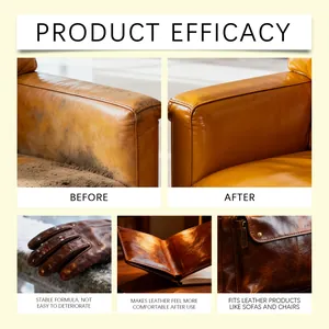 Efficacy display showing before and after leather care cream treatment on sofa