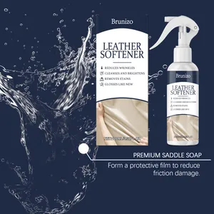 Detailed view of Brunizo leather softener bottle and packaging for sofa and car seat care