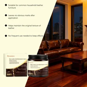 Brunizo real leather maintenance cream for sofas and furniture in a night living room scene