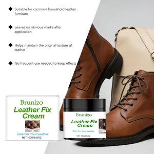 Brunizo leather fix cream shown with brown leather boots and cream colored handbag