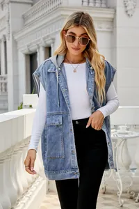 Fashionable oversized blue denim vest for women with large pockets and hooded style