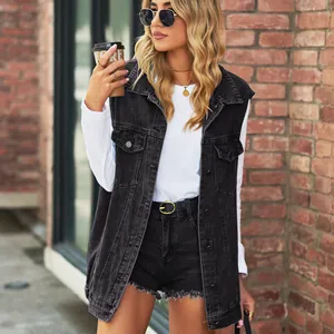 Stylish women's oversized vintage black denim vest jacket for a casual street look